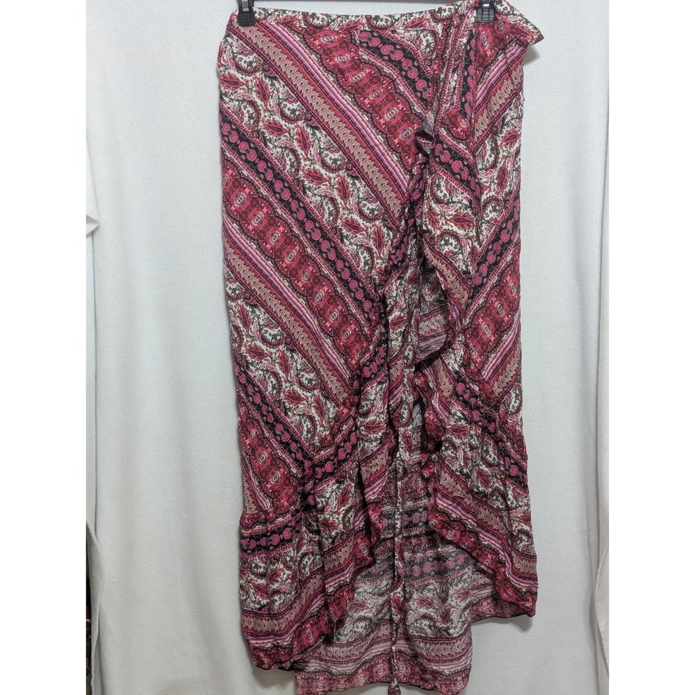 Fore Mode Pink Paisley Ruffle Wrap Maxi Skirt One Size Bohemian High Low Hem